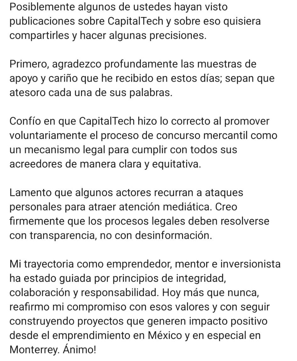 Da señales de vida presidente de CapitalTech; seguirá proyectos