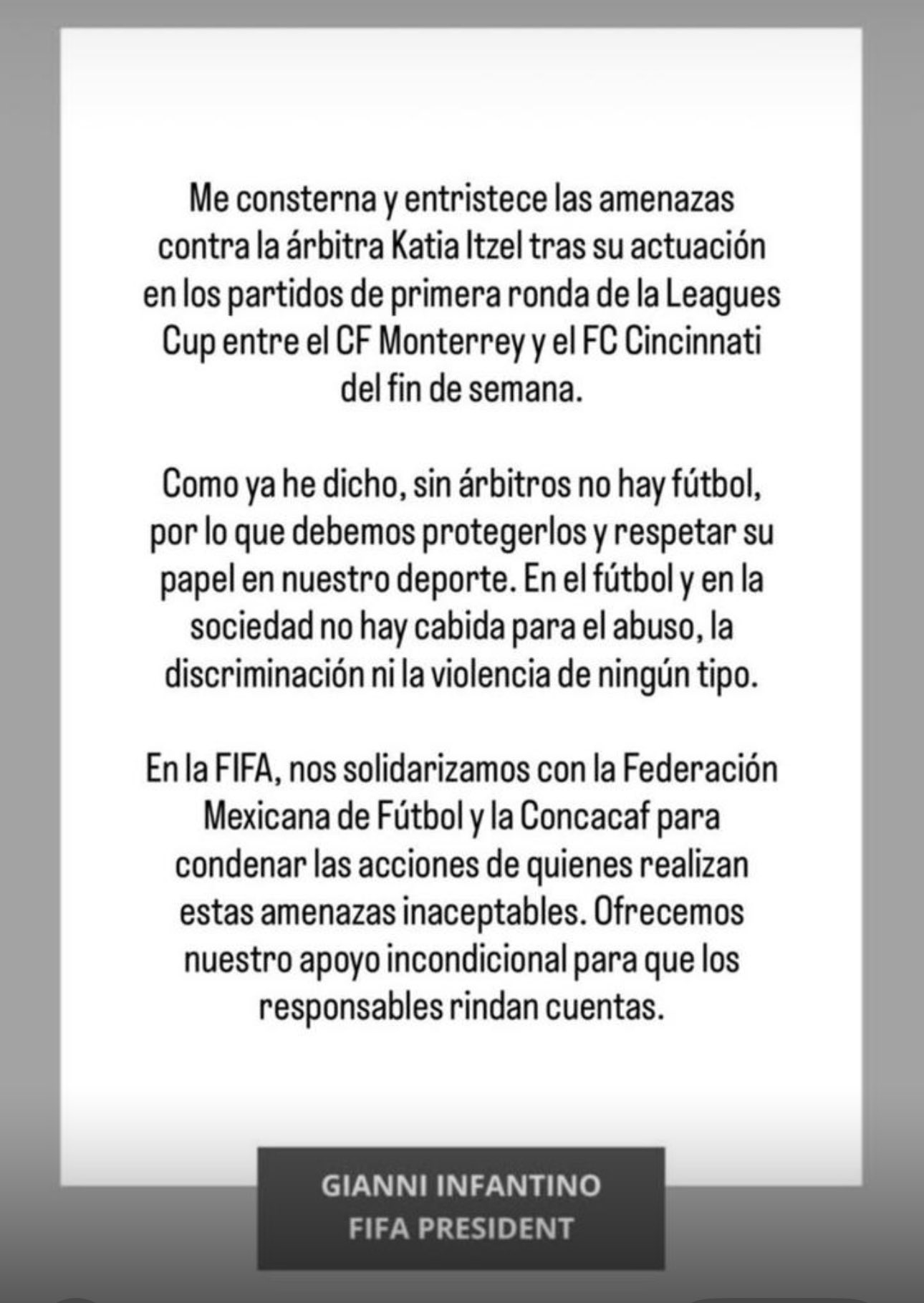 Gianni Infantino envía mensaje de apoyo a Katia Itzel García