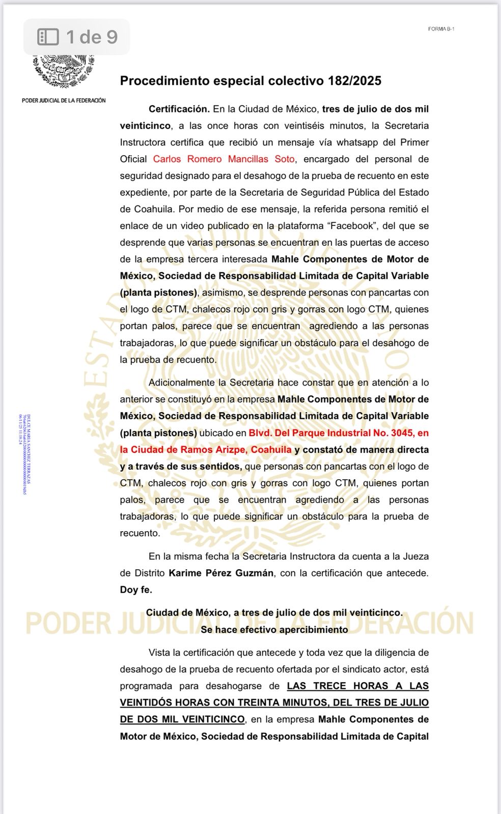 Ordena jueza levantar bloqueo en Mahle y sanciona a sindicato CTM