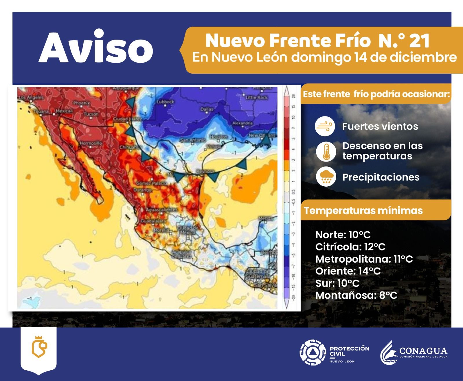 PC de NL pronóstica frío y lluvias Frente Frío 21 14 de diciembre.jpeg
