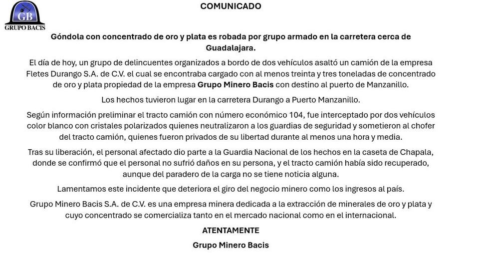 Roban 33 toneladas de oro y plata en carretera de Jalisco