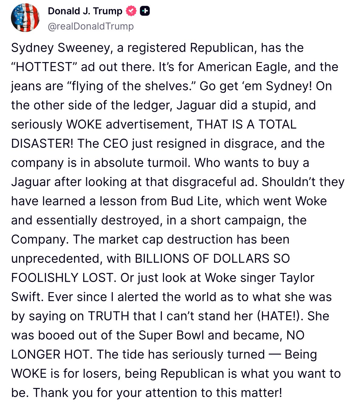 Si es republicana, su campaña con American Eagle es genial: Trump