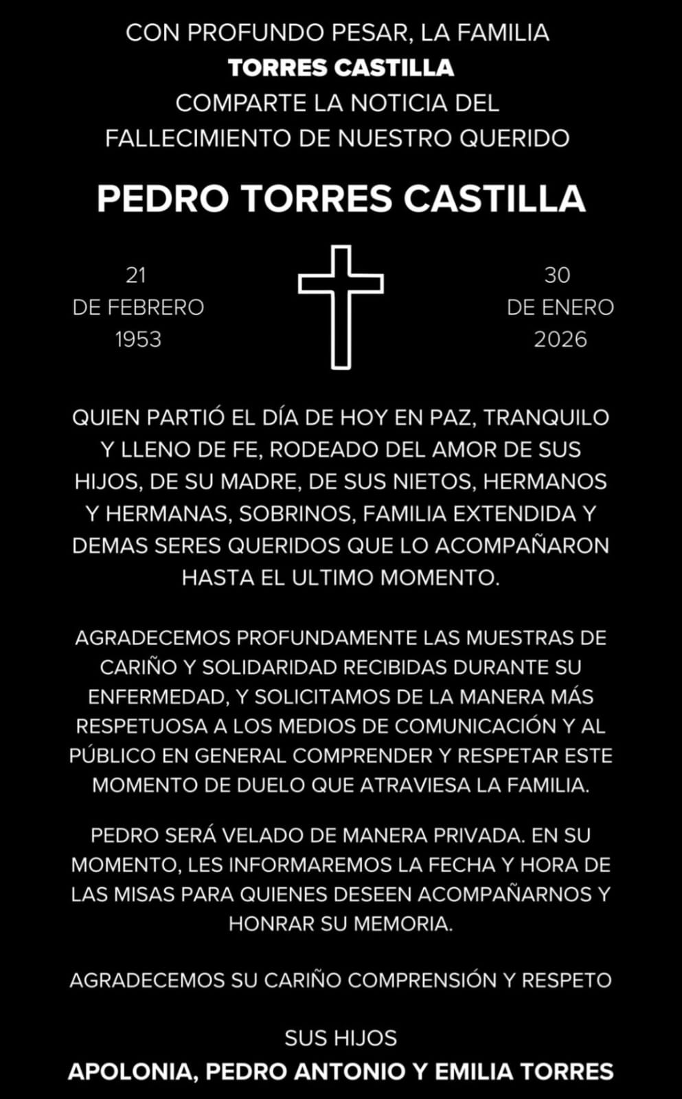 comunicado muere pedro torres