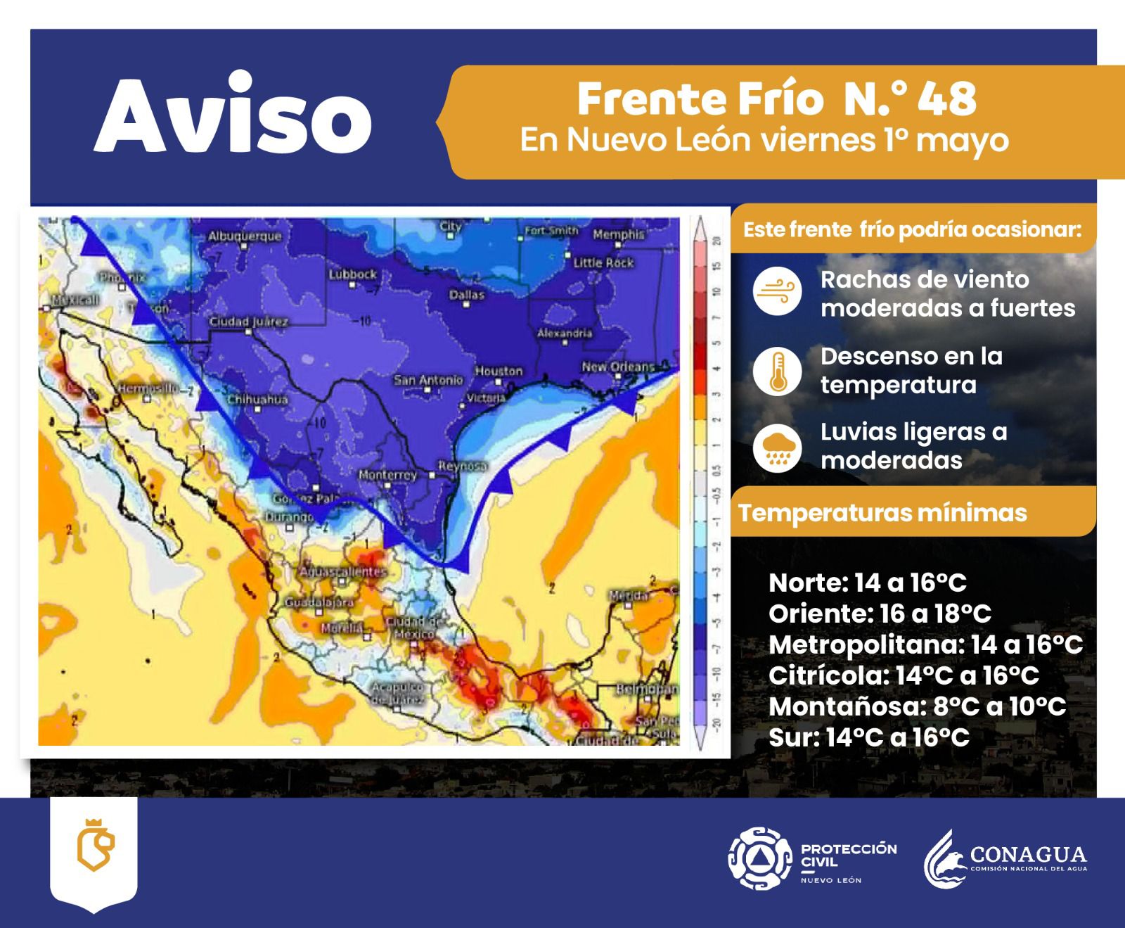 frente frio 48 lluvias viento