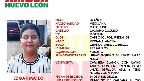 Emiten Alerta Amber por infante desaparecido en Galeana