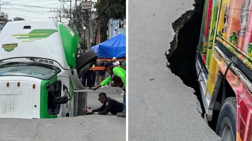 Socavón en Iztapalapa hunde camión repartidor de refrescos