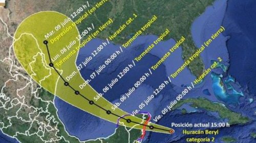 Beryl se debilita a categoría 2; avanza a la Península de Yucatán