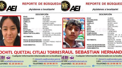 Desaparecen dos menores tras huir juntos en Monterrey