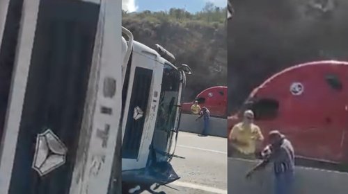 Conductor se lesiona tras volcadura de tráiler en Los Chorros