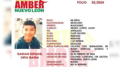 Alerta Amber: Desaparece niño de 8 años en Pesquería