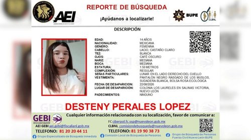 Activan búsqueda de adolescente desaparecida en Salinas Victoria