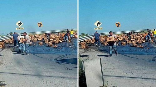 Aprovechan volcadura de tráiler para robar cerveza