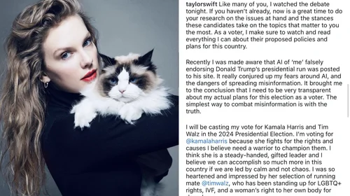 Taylor Swift manifiesta su apoyo a Kamala Harris para presidenta