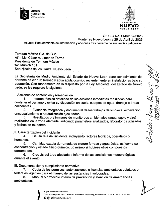 ternium-derrame-NL-contaminación